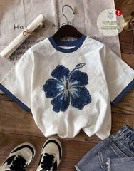 EZwear Blue Floral Hibiscus T-Shirt for Women – Summer Casual Top