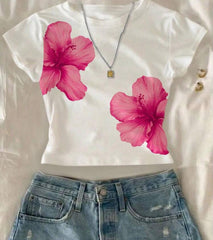 EZwear White Floral Print T-Shirt for Women – Summer Casual Loose Fit Top