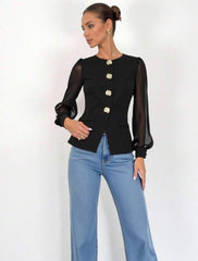 GlowEve Women’s Asymmetrical Metal Button Long Sleeve Shirt – Elegant Casual Work Top