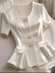 Clasi Women’s Elegant Single-Breasted Short Sleeve Shirt – Chic Summer Top