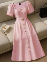 Franclia Women’s Sweetheart Neck Belted Short Sleeve Dress – Elegant Summer Outfit