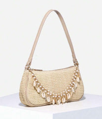 Novachic Women’s Woven Shoulder Bag – Shell & Pearl Decor, Summer Beach Style