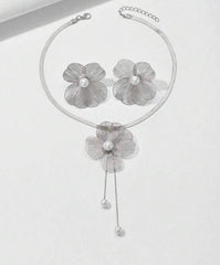 Women’s 3-Piece Jewelry Set – Hollow Metal Flower & Faux Pearl Necklace with Earrings