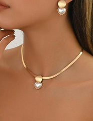 Women’s 3-Piece Yellow Gold Geometric Faux Pearl Choker & Earrings Set – Vintage Style