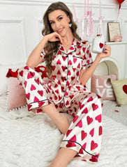 Women’s Heart Print Satin Pajama Set – Contrast Piping Sleepwear