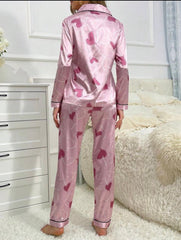 Women’s Heart Print Satin Pajama Set – Contrast Piping Sleepwear