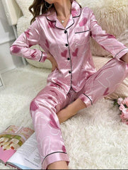 Women’s Heart Print Satin Pajama Set – Contrast Piping Sleepwear