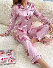 Women’s Heart Print Satin Pajama Set – Contrast Piping Sleepwear