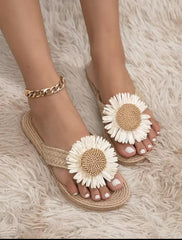 Women’s Khaki Linen Flower Slippers – Vacation Flip Flops