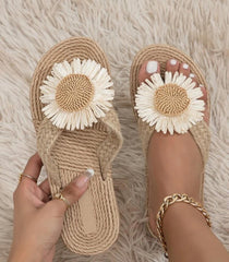 Women’s Khaki Linen Flower Slippers – Vacation Flip Flops