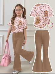 Girls’ Capybara & Strawberry T-Shirt with Flared Pants – 2-Piece Summer Set