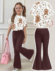Girls’ Capybara & Strawberry T-Shirt with Flared Pants – 2-Piece Summer Set