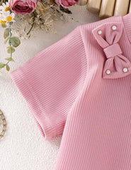 Girls’ 2-Piece Summer Outfit – Pink Short Sleeve Top & Flared Pearl Shorts