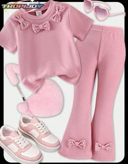 Girls’ 2-Piece Summer Outfit – Pink Short Sleeve Top & Flared Pearl Shorts