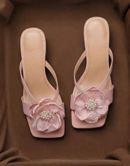 Women’s Faux Pearl Floral Strap Sandals – French Thick Heel Summer Shoes