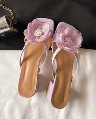 Women’s Faux Pearl Floral Strap Sandals – French Thick Heel Summer Shoes