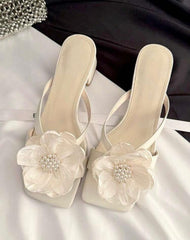Women’s Faux Pearl Floral Strap Sandals – French Thick Heel Summer Shoes