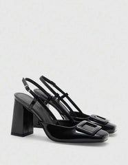 BizChic Women’s Square Toe Chunky Heel Buckle Strap Shoes – Minimalist Daily & Party Style