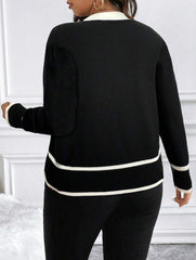 Vionelle Plus Size French Style Knit Sweater – Color Block V-Neck Long Sleeve