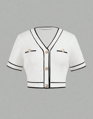 Firerie Plus Size Color Block Knit Top – V-Neck Cropped Short Sleeve