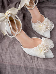 Women’s Ankle Strap Pumps with Pearl & Bow Decor