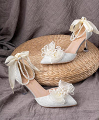 Women’s Ankle Strap Pumps with Pearl & Bow Decor