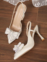 Women’s White Pearl Bow High Heels | Summer Fashion