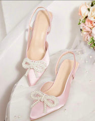 Women’s White Satin Pearl Bow Kitten Heels | CUCCOO