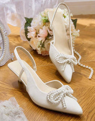 Women’s White Satin Pearl Bow Kitten Heels | CUCCOO