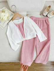 LMoss Kids 3-Piece Set – Solid Color Cardigan & Loose Fit Pants, Girls’ Spring Outfit