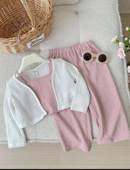 LMoss Kids 3-Piece Set – Solid Color Cardigan & Loose Fit Pants, Girls’ Spring Outfit