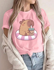 Women’s Cartoon Milk Tea Print T-Shirt | Casual Top