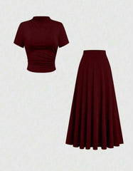 Women’s Plus Size Burgundy Knit Top & Skirt Set | Clasi