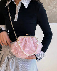 Women’s Pink Pearl Floral Clutch Bag | Wedding Purse