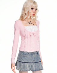 Kawaii Himekaji 2-in-1 Bow Long Sleeve T-Shirt | ROMWE Women