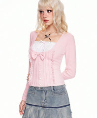 Kawaii Himekaji 2-in-1 Bow Long Sleeve T-Shirt | ROMWE Women