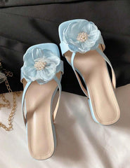 Women’s Faux Pearl Floral Strap Sandals – French Thick Heel Summer Shoes