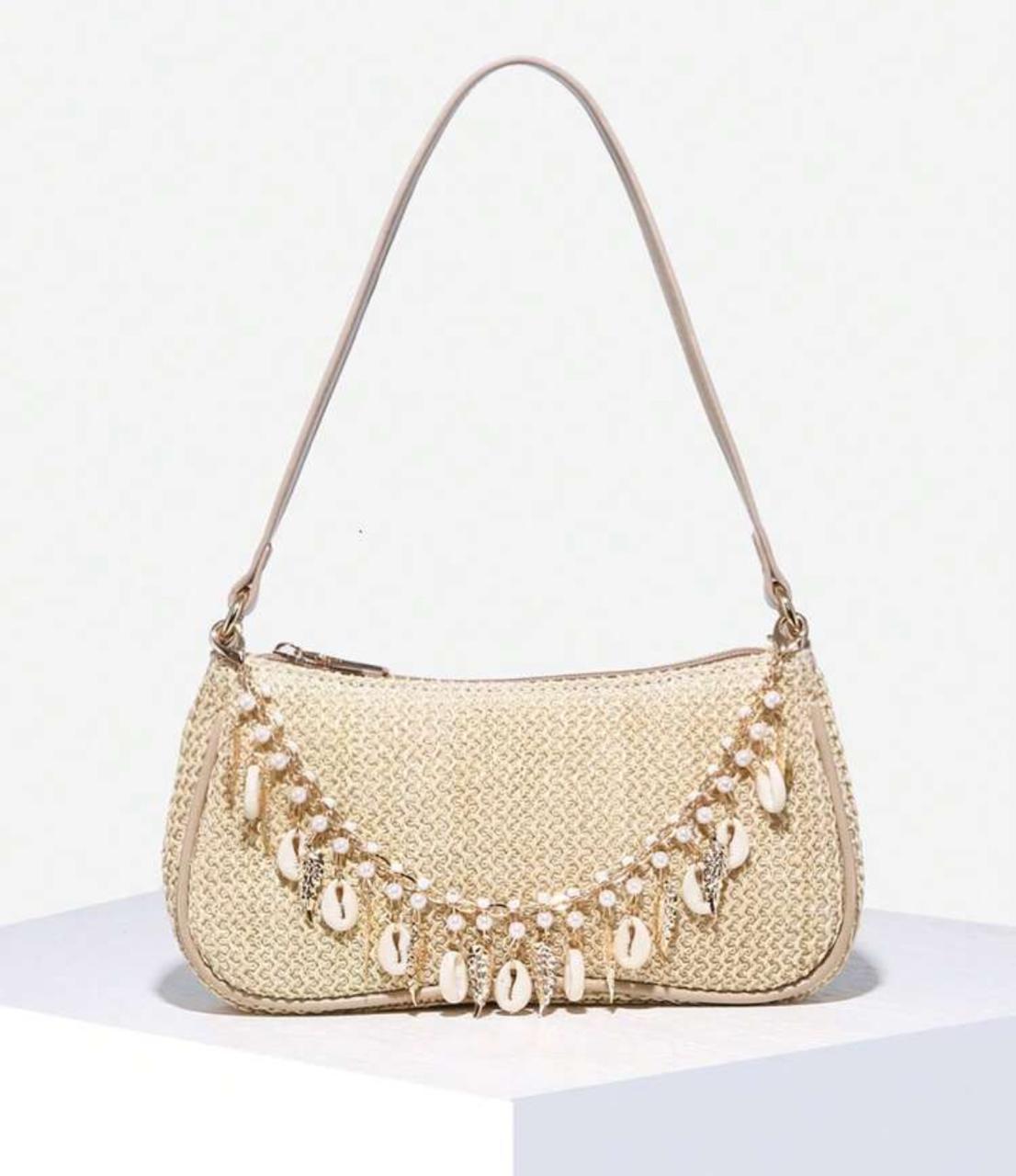 Novachic Women’s Woven Shoulder Bag – Shell &amp; Pearl Decor, Summer Beach Style