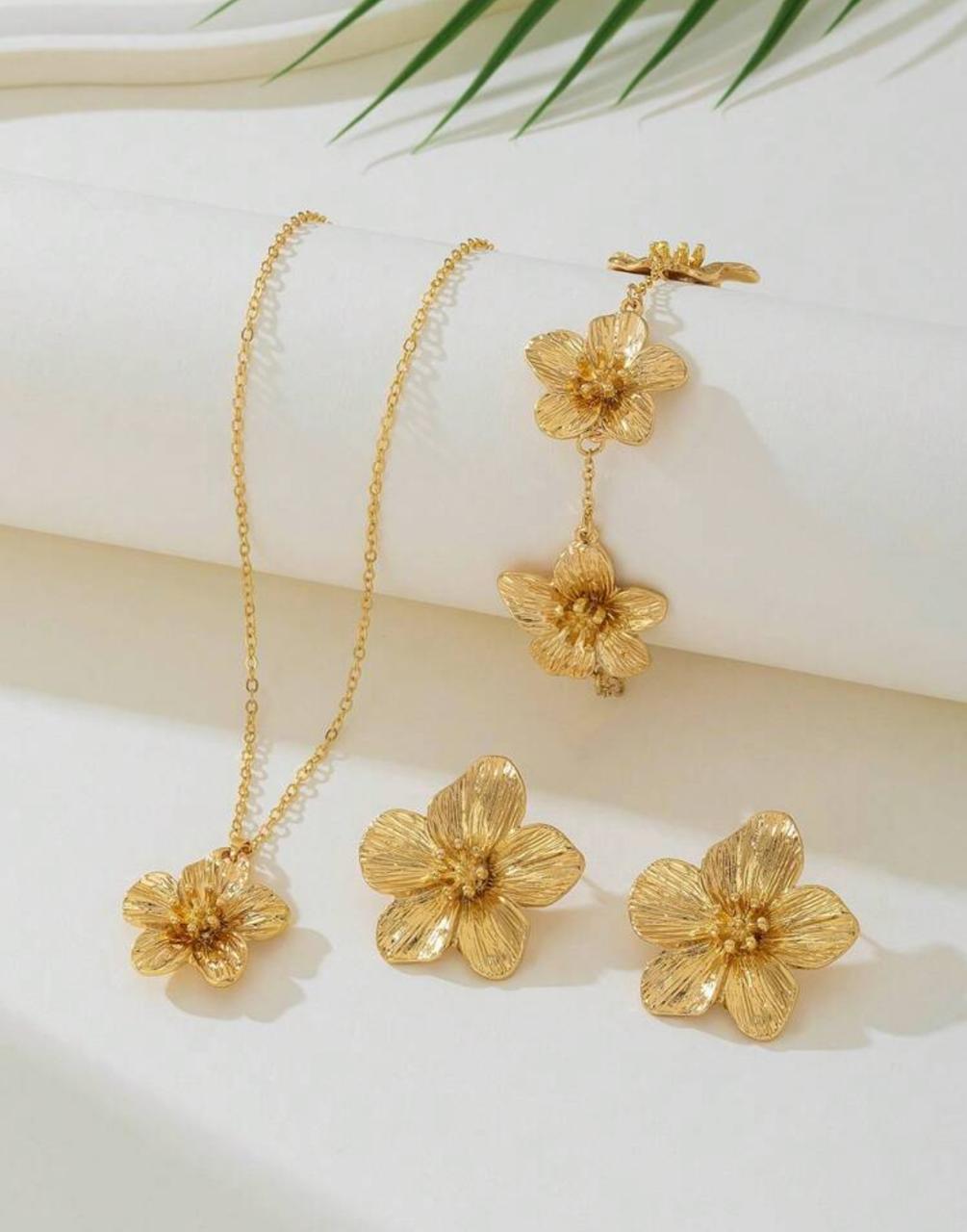 Women’s Gold Jewelry Set – Flower Pendant Necklace, Earrings &amp; Bracelet