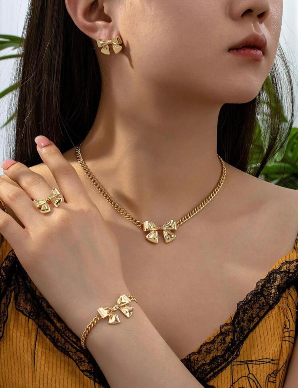 Women’s 5-Piece Bow Jewelry Set – Bracelet, Necklace, Ring &amp; Earrings