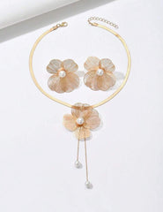 Women’s 3-Piece Jewelry Set – Hollow Metal Flower &amp; Faux Pearl Necklace with Earrings