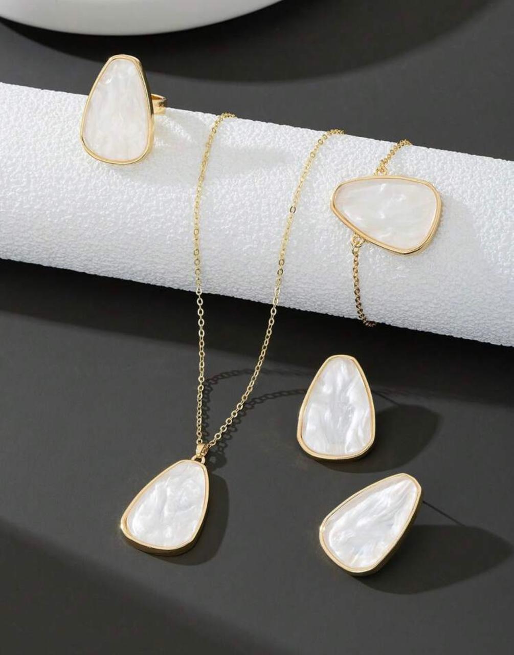 Women’s 4-Piece White Jewelry Set – Geometric Pendant Necklace, Bracelet, Earrings &amp; Ring