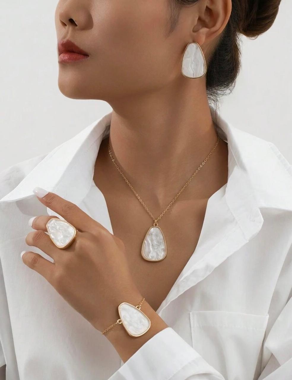 Women’s 4-Piece White Jewelry Set – Geometric Pendant Necklace, Bracelet, Earrings &amp; Ring