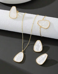 Women’s 4-Piece White Jewelry Set – Geometric Pendant Necklace, Bracelet, Earrings &amp; Ring