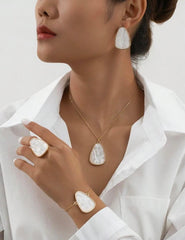 Women’s 4-Piece White Jewelry Set – Geometric Pendant Necklace, Bracelet, Earrings &amp; Ring