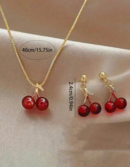 Women’s 3-Piece Red Cherry Jewelry Set – Earrings &amp; Collarbone Chain