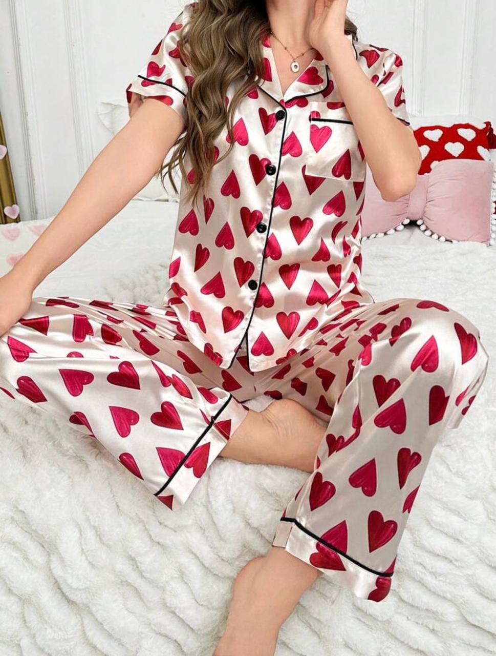 Women’s Heart Print Satin Pajama Set – Contrast Piping Sleepwear