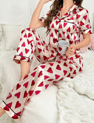 Women’s Heart Print Satin Pajama Set – Contrast Piping Sleepwear