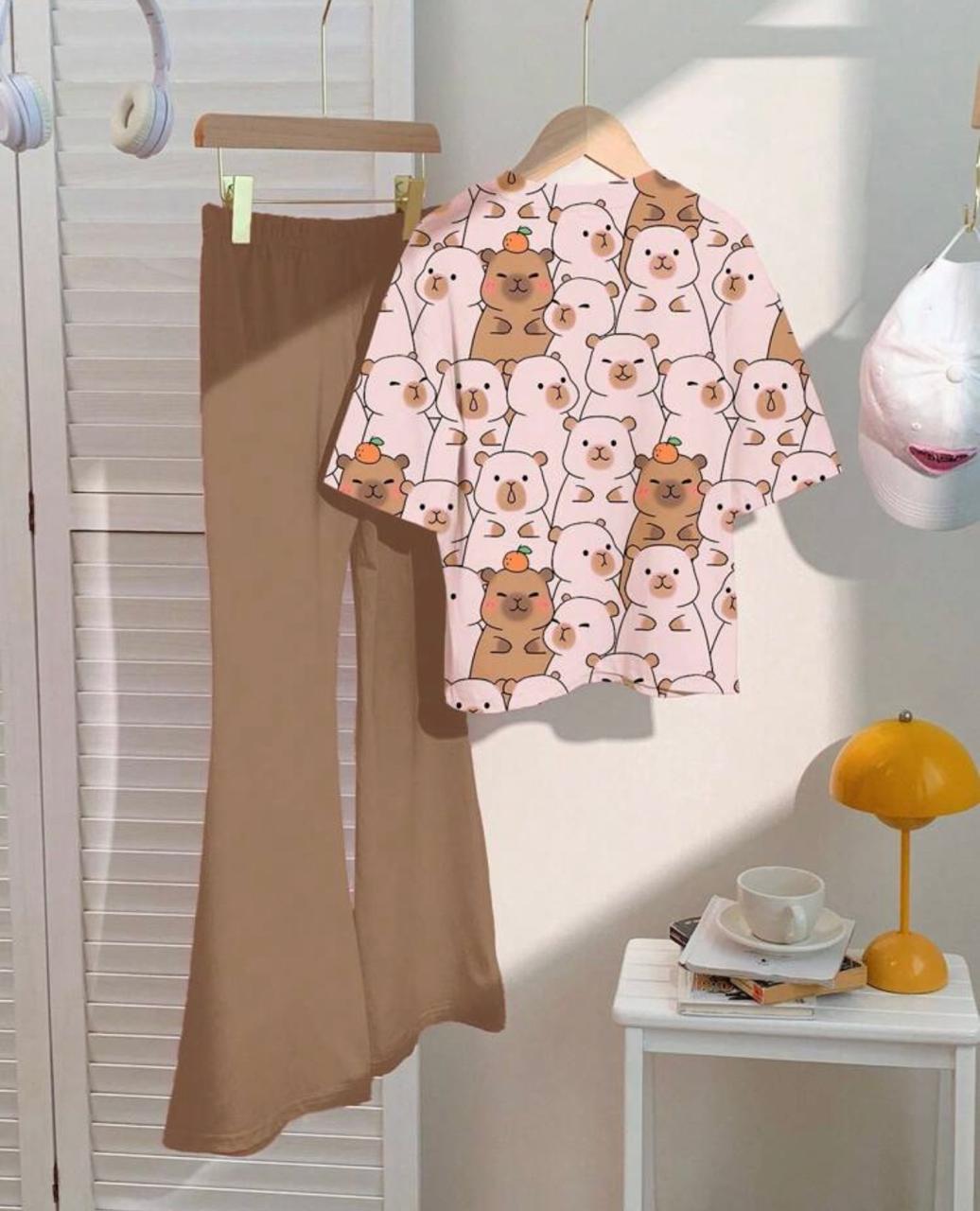 Girls’ Capybara &amp; Strawberry T-Shirt with Flared Pants – 2-Piece Summer Set