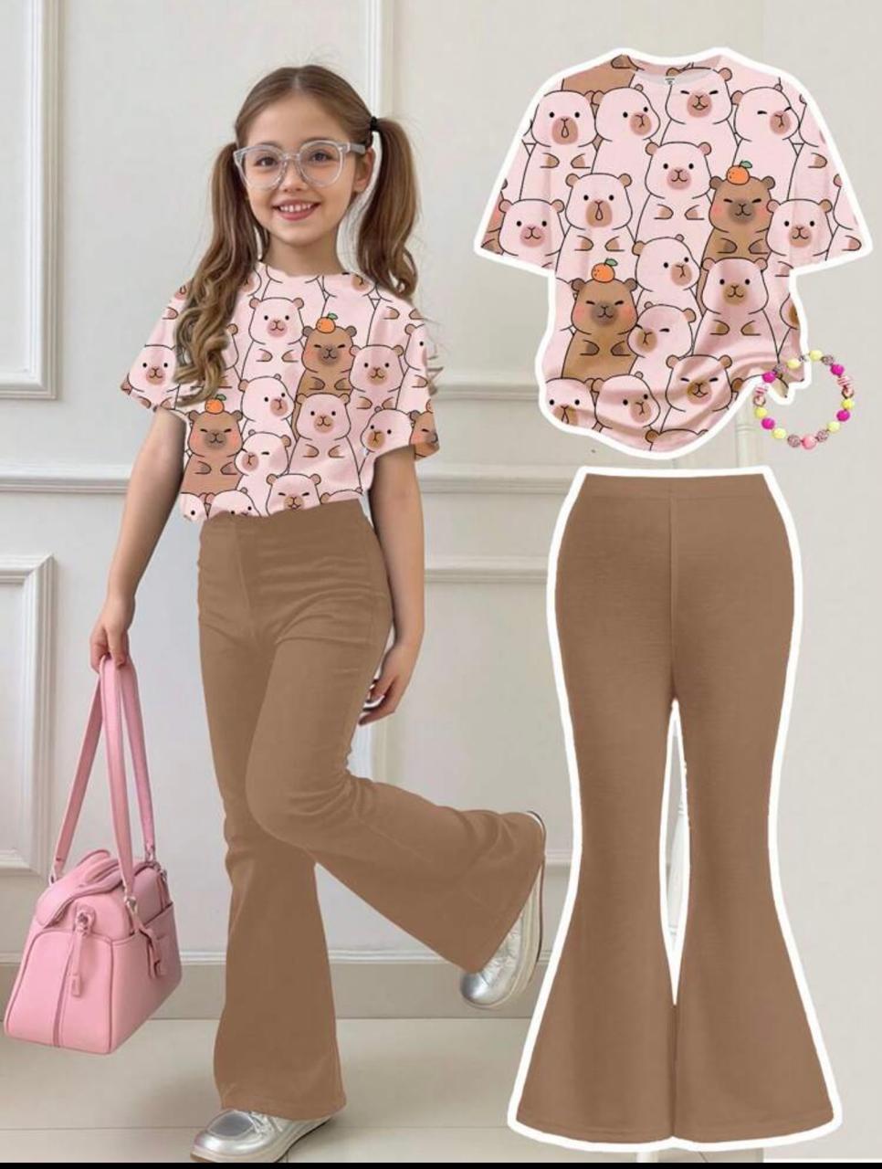 Girls’ Capybara &amp; Strawberry T-Shirt with Flared Pants – 2-Piece Summer Set